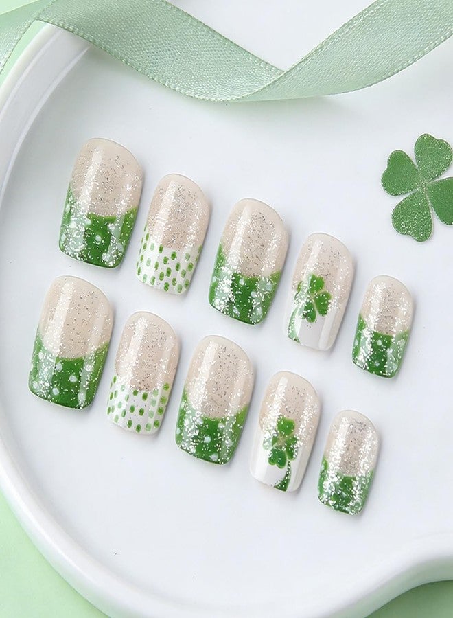 OSTTMA 24Pcs St. Patrick's Day Press on Nails Short Square French Tip Fake Nails with Shamrock & Polka Dot Designs Glitter Green Shamrock Nails Press ons Full Cover Glue on Nail for Women Manicure - Image 3
